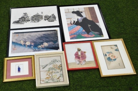 A Chinese miniature painting on rice paper and others, including an Indian School painting of a seated gentleman, monochrome block print, reproduction prints, (7).