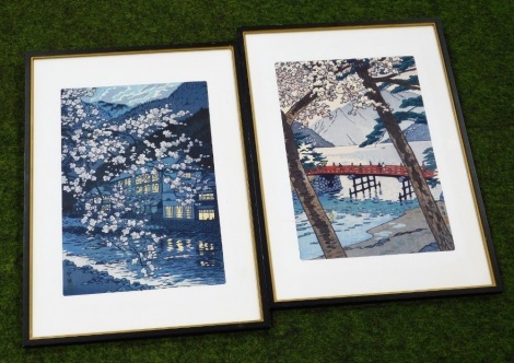 Two 20thC Japanese woodblock prints, Semi Hot Springs, circa 1954 and Lake Chuzenji in Nikko, circa 1952, both by Shiro Kasamatsu (1898-1991), 35.5cm x 23.5cm.