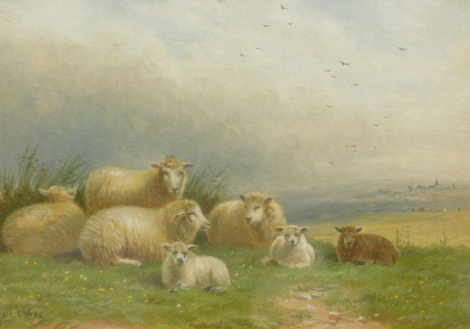 William Henry Lewis (1817-1879). Cattle and sheep in meadow, oil on canvas - pair, signed, 16cm x 24cm.