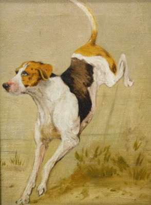 19thC/20thC British School. Hounds, oil on canvas - pair, 19.5cm x 14cm.