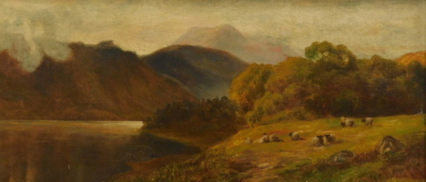 19thC Scottish School. Loch scene, sheep before hills and another, cattle in stream before trees, oil on canvas, unsigned, 24cm x 58cm - a pair.