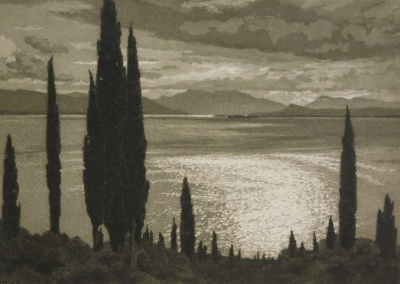 Percival Gaskell (1868-1934). Twilight scene, trees before lake and mountains, artist signed etching, 17cm x 24cm.