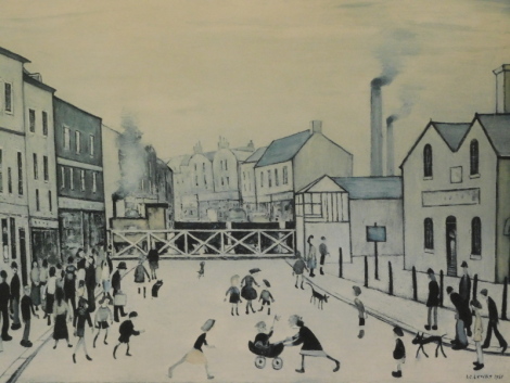 •Laurence Stephen Lowry (1887-1976). The Level Crossing, Burton-on-Trent, artist signed print, H.D.L. watermark, 42cm x 57cm. (AF)