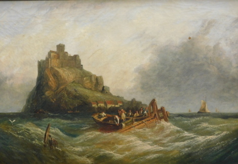 T.C. Cook (fl. 1872). St Michael's Mount, figures in rowing boats on rough seas, oil on canvas, signed and dated, 49cm x 74cm.