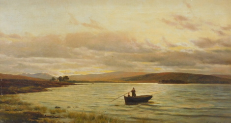 George Harrison (1876-1950). Figures in rowing boat on calm waters before hill on a twilight evening, oil on canvas, signed and dated 1892, 27cm x 68cm.