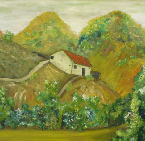 •Sylvan Delaney (fl. 1992). Portuguese scene, cottage in the hills, oil on board, signed, 58cm x 59cm. Label verso Christie's Irish picture sale.