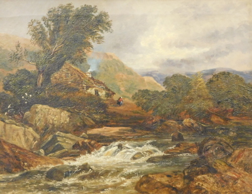 John Lloyd Bond (fl. 1868). Rough stream before figure on path with cottage and trees with clouds gathering, oil on canvas, signed, 35cm x 45cm.