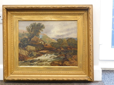 John Lloyd Bond (fl. 1868). Rough stream before figure on path with cottage and trees with clouds gathering, oil on canvas, signed, 35cm x 45cm. - 2