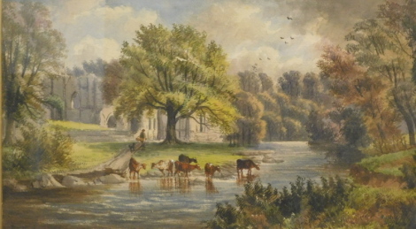 In the manner of John Joseph Hughes. Cattle in a stream before figure on a path and ruin, watercolour, signed, 32cm x 55cm.