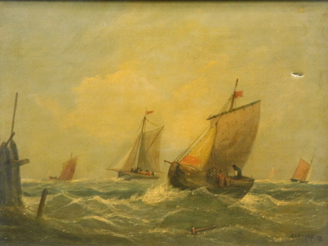 L. Stuart (19thC English School). Figures in boats on rough seas with clouds gathering, oil on canvas, signed and dated (18)78, 37cm x 49cm.