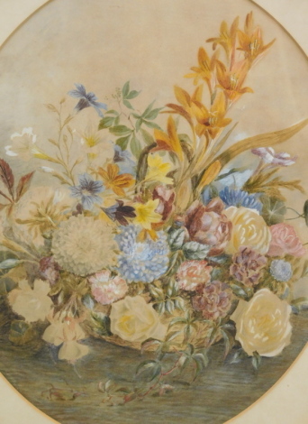 Alice Venables (fl. 1884). Still life, basket of flowers on a table, watercolour, attributed verso, 49cm x 39cm.