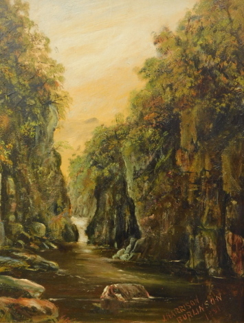 J. Harrison Berlinson (fl. 1891). Calm stream before cliffs and trees, oil on board, signd and dated 1891, 38cm x 29cm.