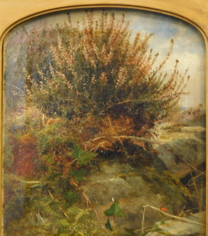 George Harrison (1876-1950). Ladybird on a branch before heather and rocks, oil on canvas, signed and dated 1897, 33cm x 27cm.