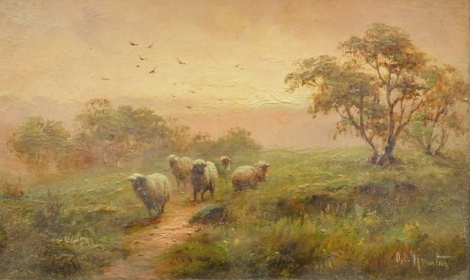 G.E. Reinton (19thC School). Sheep on a path, twilight evening, oil on board, signed, 12cm x 19cm.