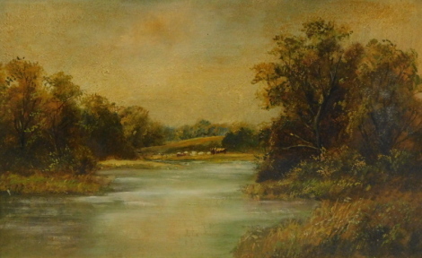 J. Williamson (19thC School). Calm stream before cattle and hills, oil on board, 22cm x 31cm. Written verso View at Front Mr Gainsborough, J. Williams 1876 exhibits - 96.