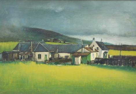 •McIntyre (20thC). Fields before bungalow with hill in the distance and clouds gathering, oil on canvas, signed, 63cm x 93cm.