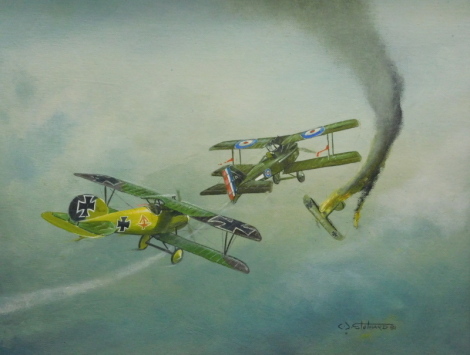 •E.J. Stothard (fl.1986). World War I biplanes in airborne fight, oil on board, 34cm x 45cm and The Red Baron in airborne fight - a pair.