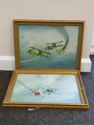 •E.J. Stothard (fl.1986). World War I biplanes in airborne fight, oil on board, 34cm x 45cm and The Red Baron in airborne fight - a pair. - 2