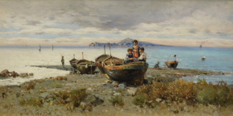 Gino Ladazza (19thC). Figures in a boat before calm waters and hills, oil on canvas, signed, 20cm x 38cm.