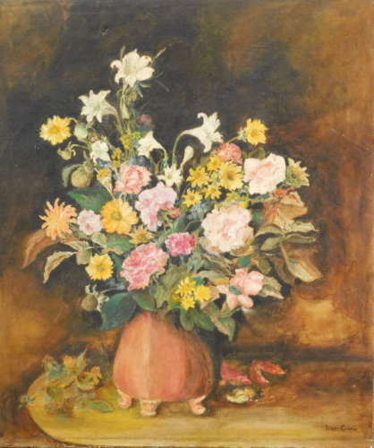 •Isabel Currie (20thC). Still life vase of flowers on a table, oil on canvas, signed, 67cm x 55cm.