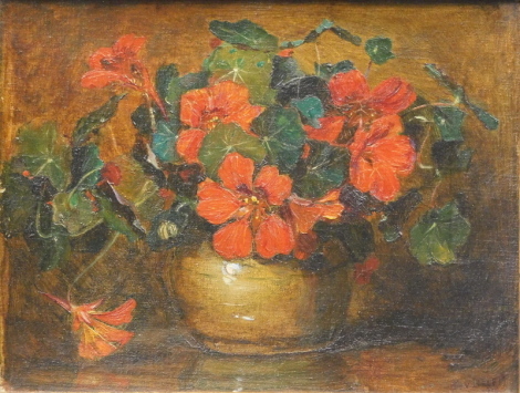 Hans Meuhel Halbright (fl. 1916). Still life, vase of flowers on a table, oil on board, dated 1916, with further attribution verso, signed T V Delft, 20cm x 26cm.