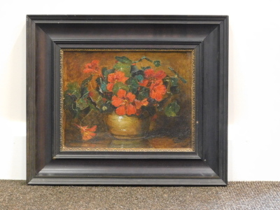 Hans Meuhel Halbright (fl. 1916). Still life, vase of flowers on a table, oil on board, dated 1916, with further attribution verso, signed T V Delft, 20cm x 26cm. - 2