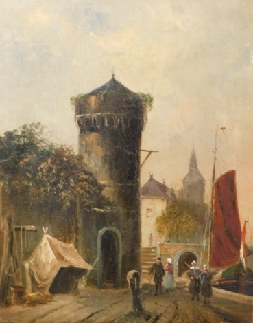 Continental School. Canal scene with figures, oil on canvas, 53.5cm x 43.5cm.