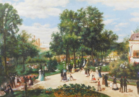 •Scostion(?)(20thC). Early 20thC garden party scene, oil on canvas, indistinctly signed, 60.5cm x 91cm.