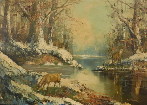 H S Palmer (19th/20thC). Canadian deer in river landscape, oil on canvas, signed, 60cm x 80.5cm