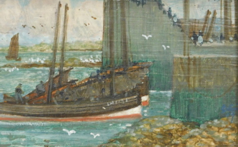James Guthrie (1859-1930). Fishing boats entering harbour, oil on board, 13.5cm x 21.5cm.