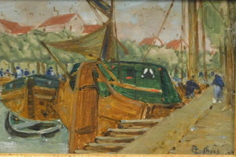 James Guthrie (1859-1930). Fishing boats in harbour, oil on board, signed, 13.5cm x 21.5cm.