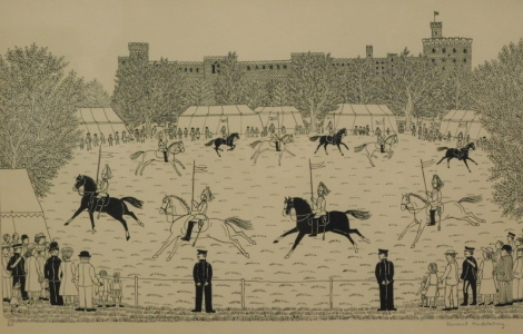 •Vincent Haddelsey (1934-2010). Guards on horseback before Windsor Castle, artist signed lithograph proof, 29cm x 45cm.