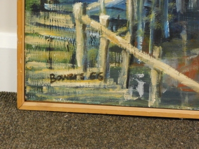 D J Bowers. Borneo Village, oil on board, signed, dated (19)66 and titled verso, 120cm x 75cm. - 3