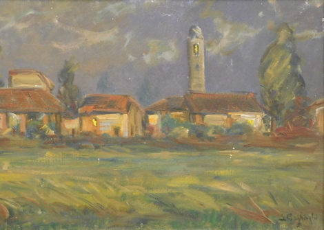 20thC Continental School. Village with bell tower, oil on canvas laid on board, indistinctly signed, 33.5cm x 48.5cm.