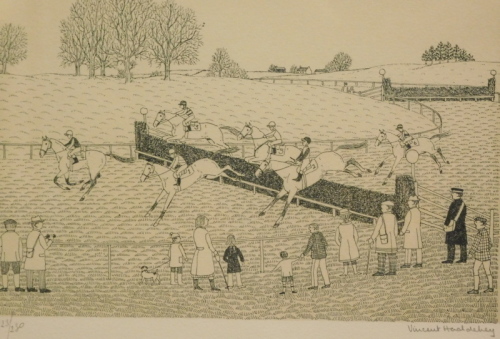 •Vincent Haddelsey (1934-2010). Horse racing steeplechase, artist signed limited edition, etching, 123/230, 20cm x 28cm.