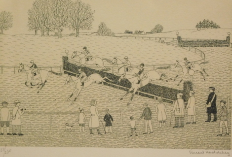 •Vincent Haddelsey (1934-2010). Horse racing steeplechase, artist signed limited edition, etching, 123/230, 20cm x 28cm.