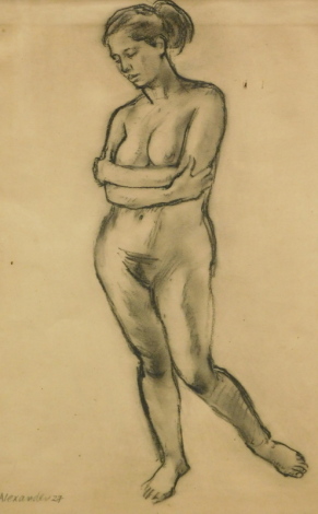 •Alexander (20thC). Nude study, charcol drawing, signed and dated (19)27, 46cm x 33.5cm.