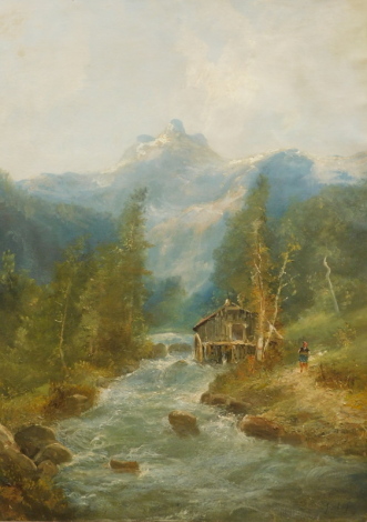 •20thC Continental School. Alpine river scene with watermill and figure, oil on canvas, indistinctly signed, 91cm x 66cm.