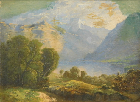 •Continental School. Lake scene, oil on board, inscribed verso, 21cm x 29cm.