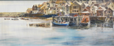 •K. Mosley (20thC). Continental harbour scene, boats and houses, oil on board, signed, 44cm x 122cm.