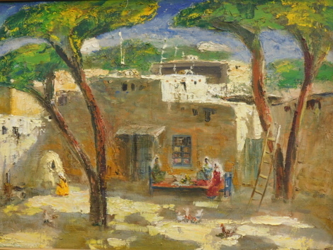 •M.A. (20thC School). Trees and figures before building, oil on canvas, initialled, 60cm x 84cm, indistinctly titled and attributed verso.