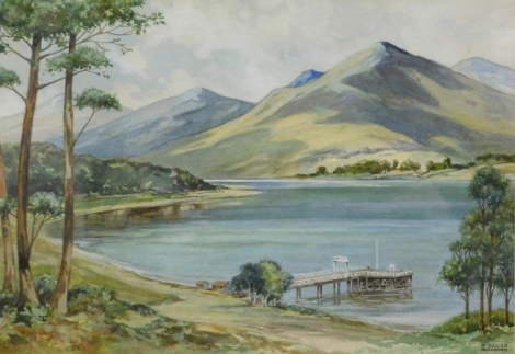 •W Gillies Buchanan (20thC). Mountainous landscape, jetty before lake and mountains, watercolour, signed, 25cm x 35cm.