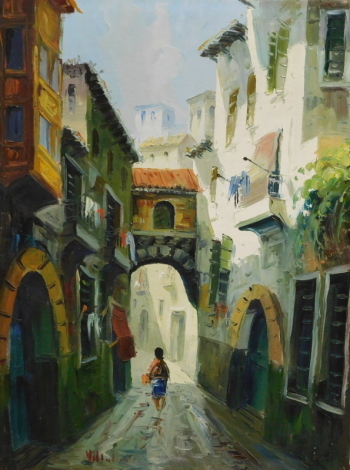 •20thC School. Continental street scene, figure on a house lined path, oil on board, indistinctly signed, 70cm x 63cm.