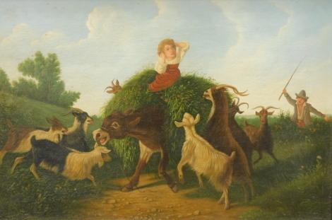 19thC School. Figure of a child being led by calf, aside goats and farmhand, oil on canvas, unsigned, 52cm x 67cm,