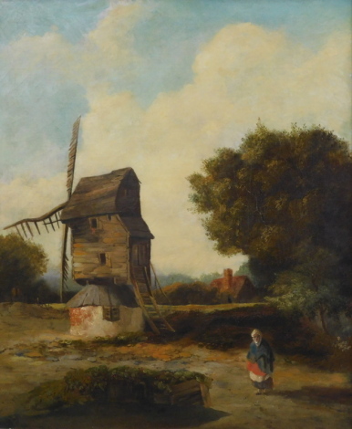 19thC Dutch School. Figure on a path before windmill, tree and cottage, oil on canvas, unsigned, 60cm x 49cm.