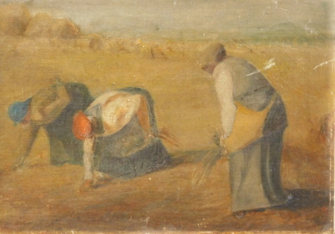 19thC School. The Gleaners, oil on board, unsigned, 29cm x 41cm.