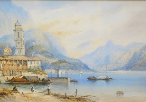 •Edwin St. John (1878-1961). River landscape before bell tower and mountains, watercolour, signed, 41cm x 61cm.