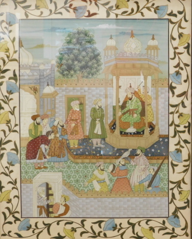 Indian School. Court figures in a palace setting, mixed media, gouache, unsigned, 64cm x 42cm, and another similar (2).