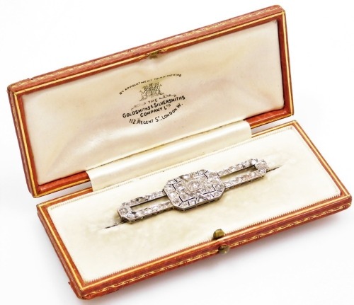 An Art Deco diamond brooch, set with old cut diamonds, in white metal, boxed, 6.8g.