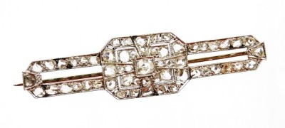 An Art Deco diamond brooch, set with old cut diamonds, in white metal, boxed, 6.8g. - 2